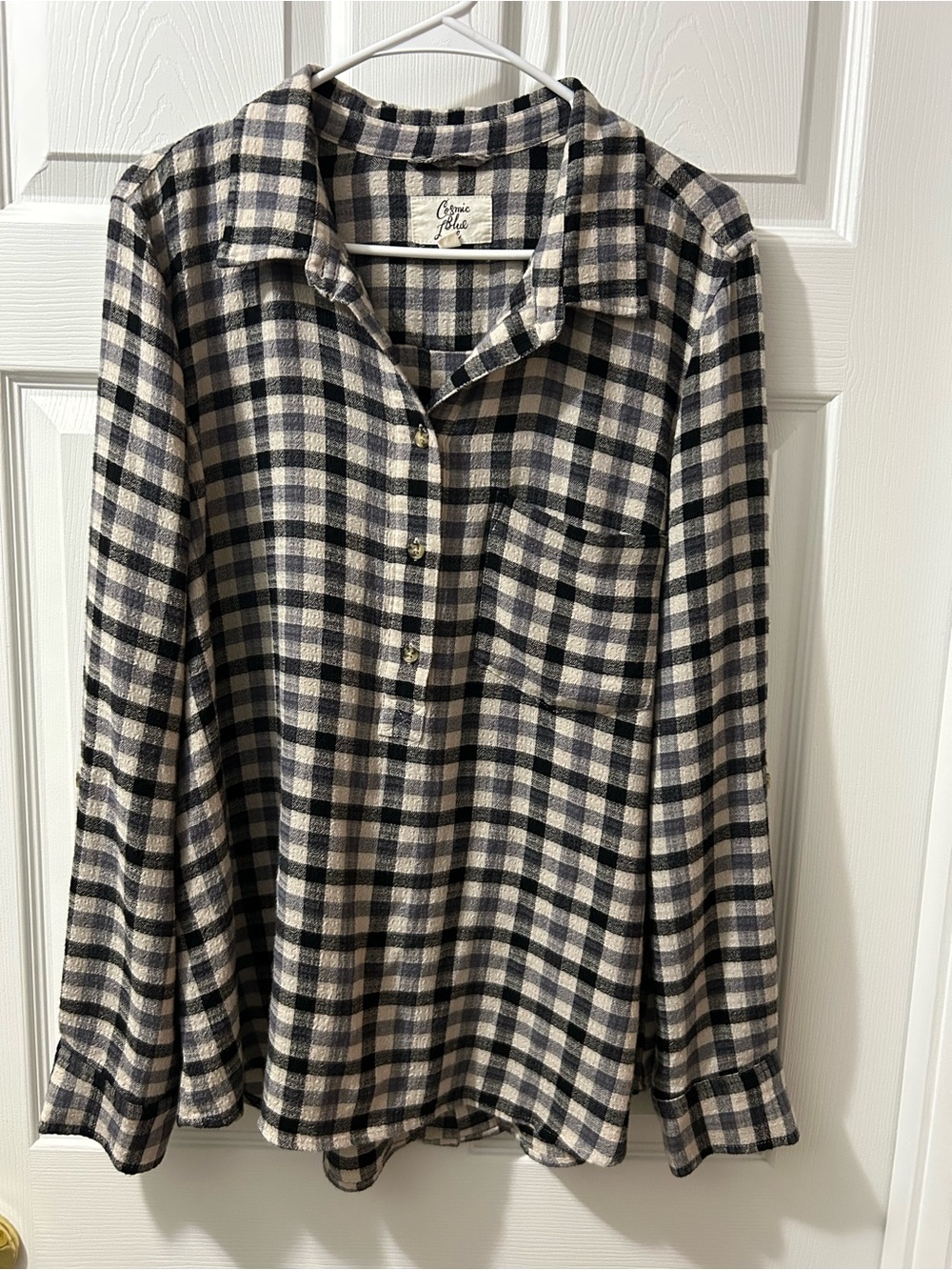 Cosmic Blue Love XL Plaid Button Front Tunic Shirt Black Gray Cream Soft